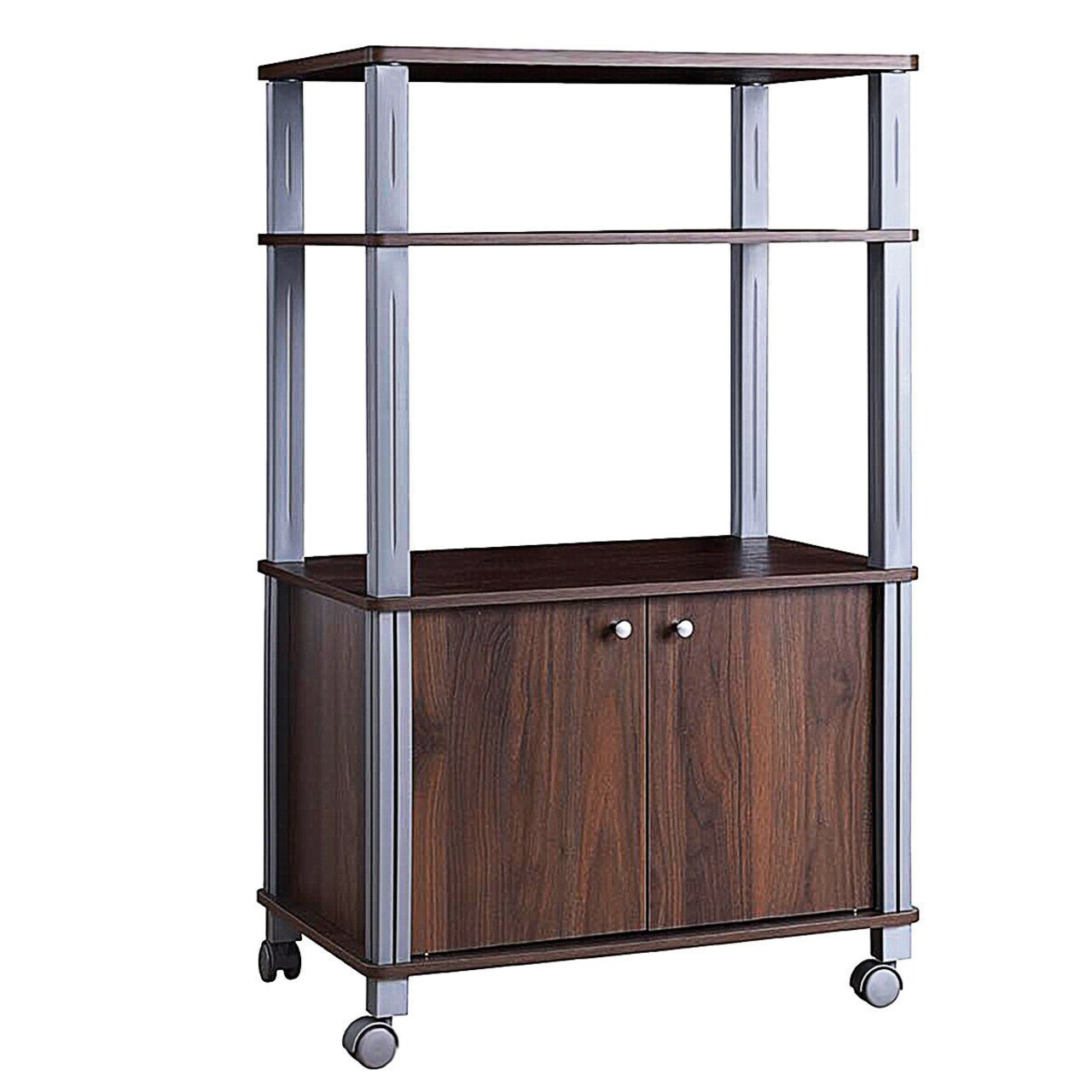 Multi-functional Kitchen Storage Cart with Lockable Wheels and 3 Shelves and Cabinet for Microwave and Dishes